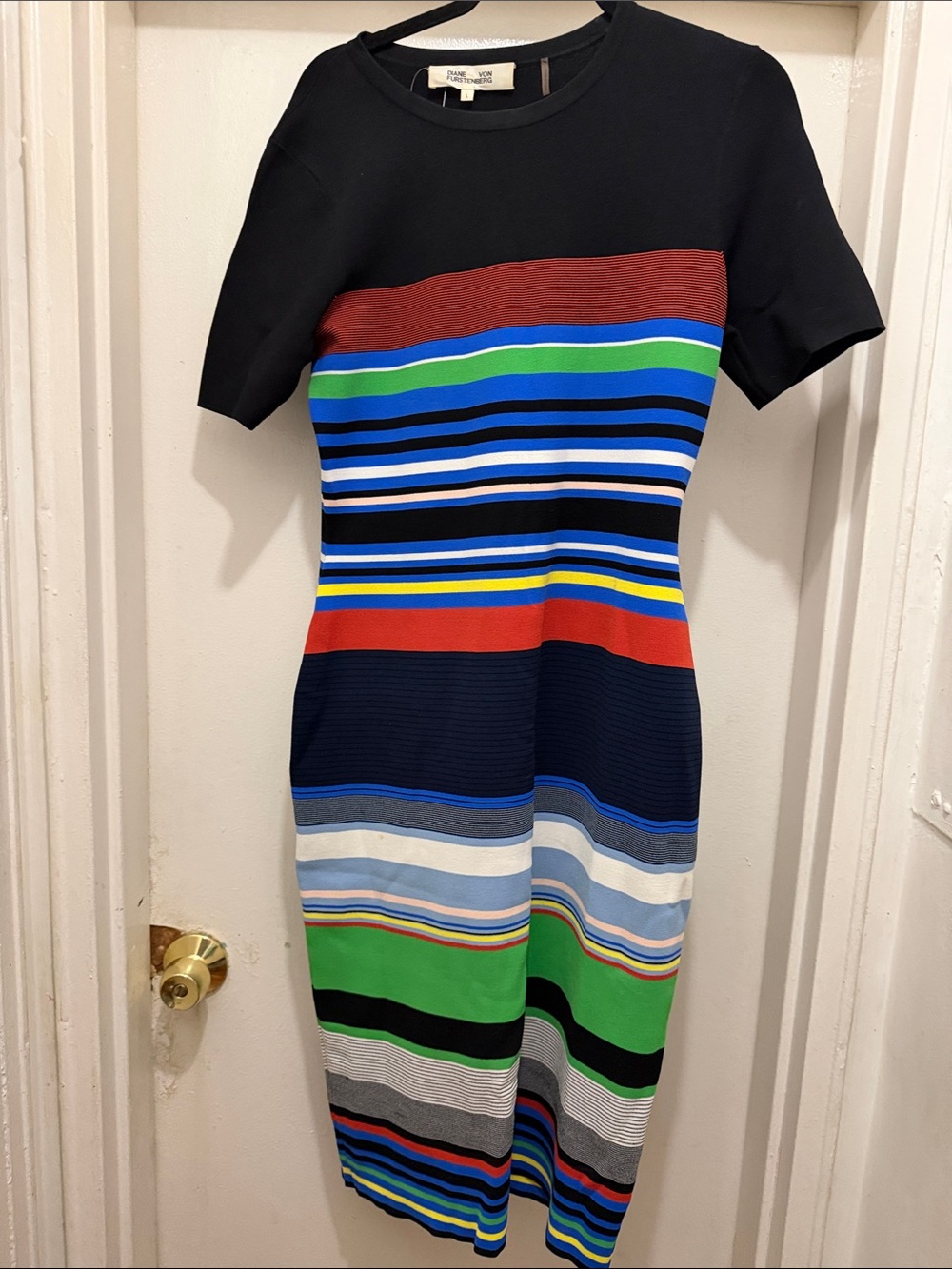 Diane Von Furstenberg Black Knit Midi Dress with Multicolor Stripes